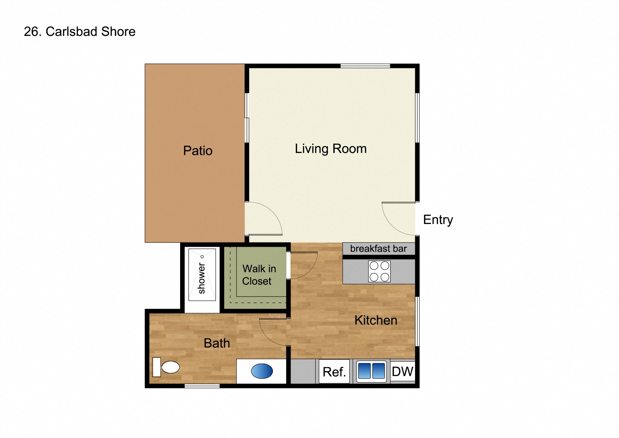 Studio one bathroom apartment floorplan